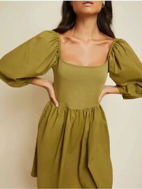 Nation LTD Olive Green Puff-Sleeve Square-Neck Mini Dress